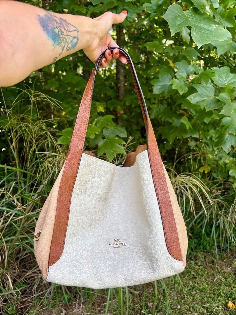 Coach Hadley Hobo 76088 Colorblock Pebbled Leather Tote Chalk Tan Brown Multi